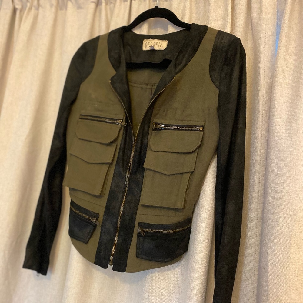 Georgie Olive Faux Suede Zipup Moto Jacket, XS